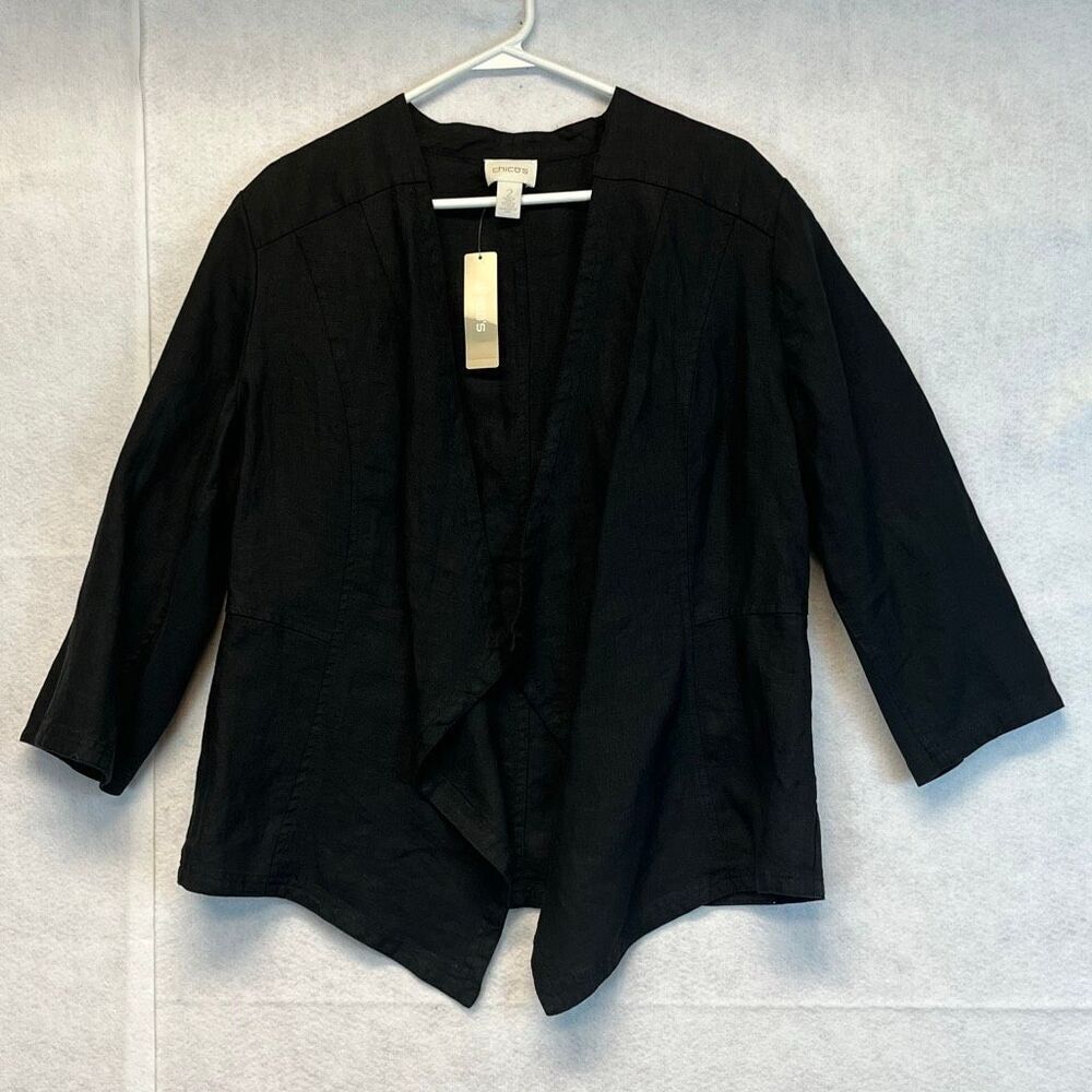 NWT CHICO'S Linen Jacket Size 2/Large Black Drape Open Front 3/4 Sleeve New - Picture 3 of 15